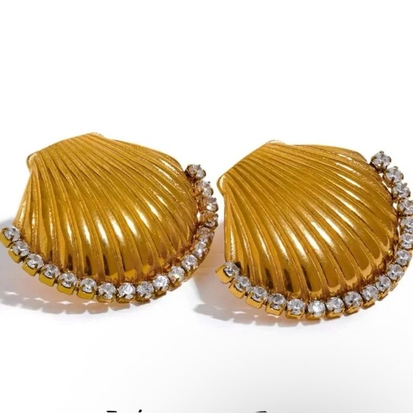 Anthropologie Seashell 18K Gold Stainless Steel Waterproof Crystal Earrings - Picture 2 of 10